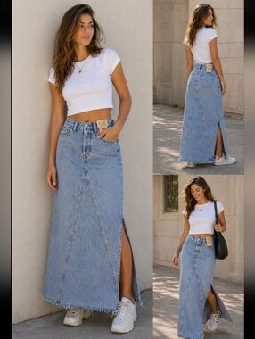 Levi’s Size 27 High Waisted Light Wash Denim Maxi Skirt | Y2K Long Jean Skirt D
